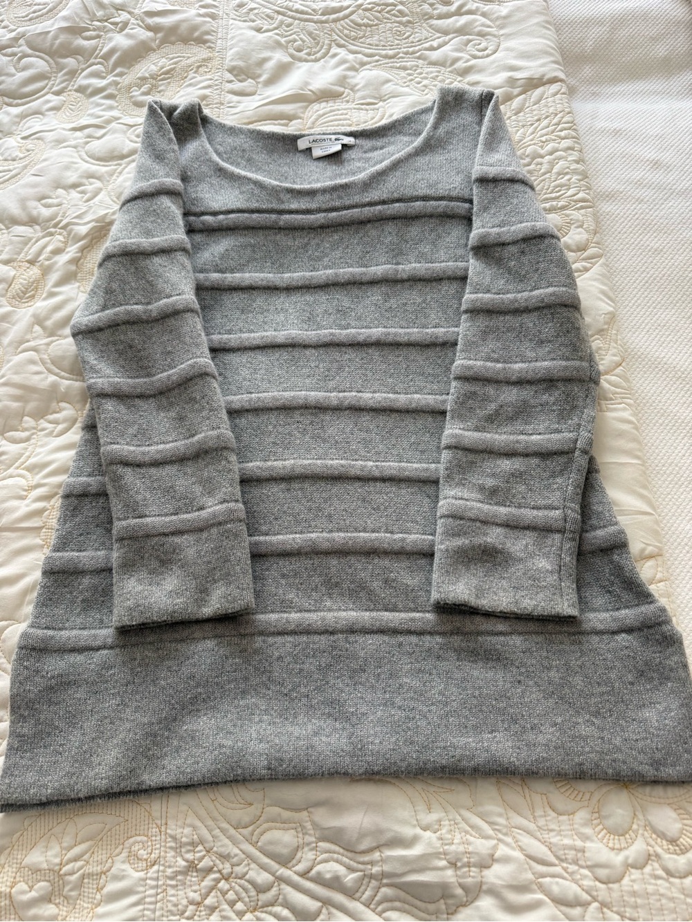Lacoste Light Gray Ribbed Horizontal Stripe Crewneck Sweater